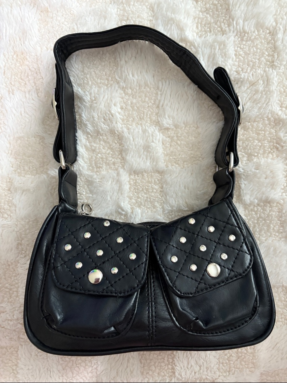 Black Quilted Studded Shoulder Bag - Women